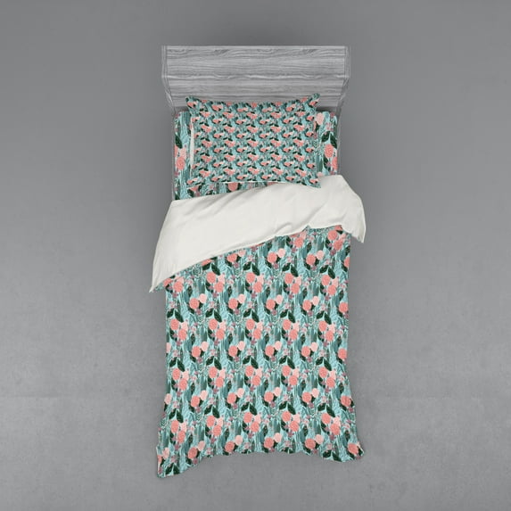 Ambesonne Botanical Bedding Set 3 Pcs, Arrangement of Flowers, Twin XL, Teal Coral