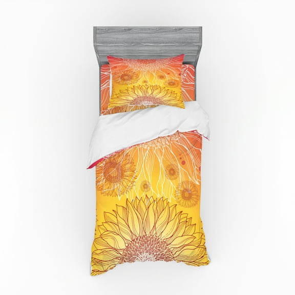 Ambesonne Botanical Bedding Set 3 Pcs, Sunflower Plants, Twin XL, Orange Yellow Burgundy