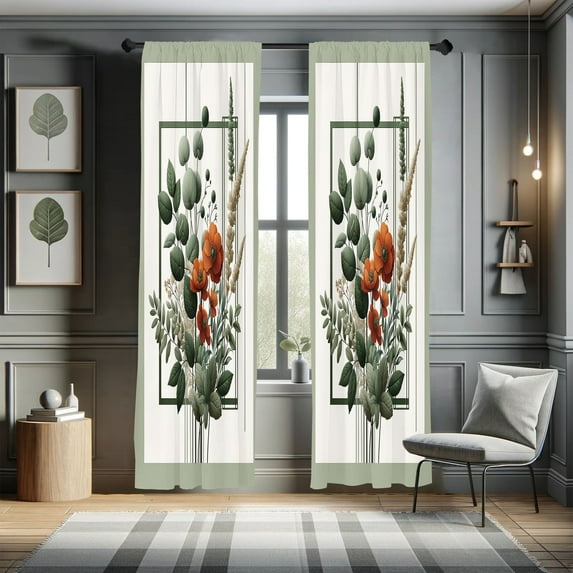 Ambesonne Botanical Curtains 2 Panel Set, Bohemian Poppy Bouquet, Pair of - 28" x 63", Burnt Orange Laurel Green