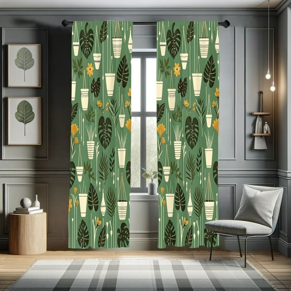 Ambesonne Botanical Curtains 2 Panel Set, Urban Jungle Monstera Art, Pair of - 28" x 95", Fern Green Apricot Beige