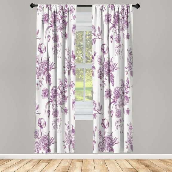 Ambesonne Botanical Curtains, Floral Victorian Print, Pair of 28"x63", Eggplant White