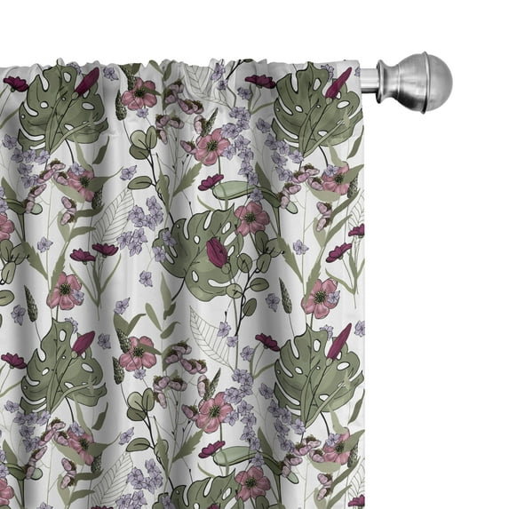 Ambesonne Botanical Curtains, Monstera Leaf and Flowers, Pair of 28"x63", Multicolor