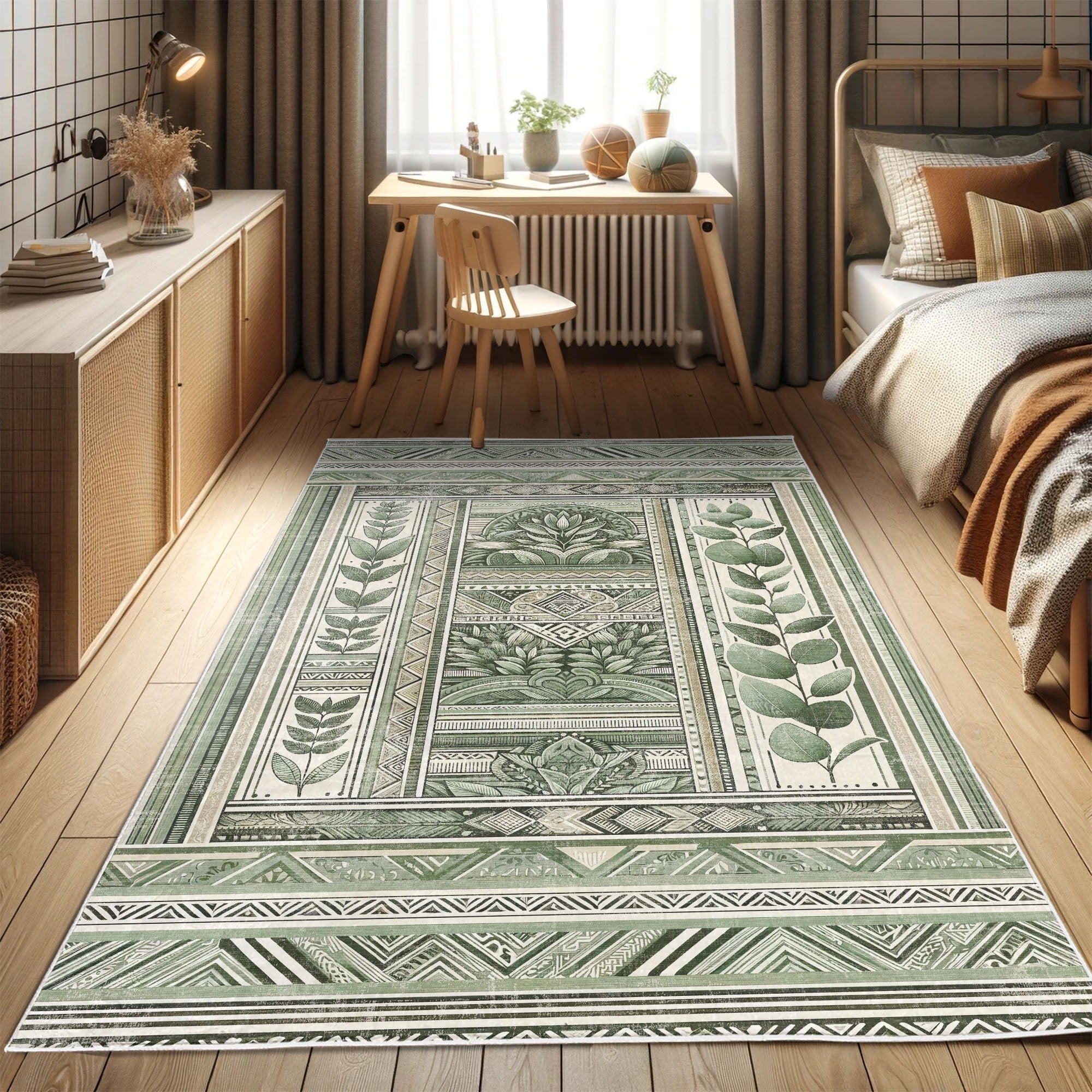 Peacock Green and Pale Tan Botanical Synthetic Area Rug