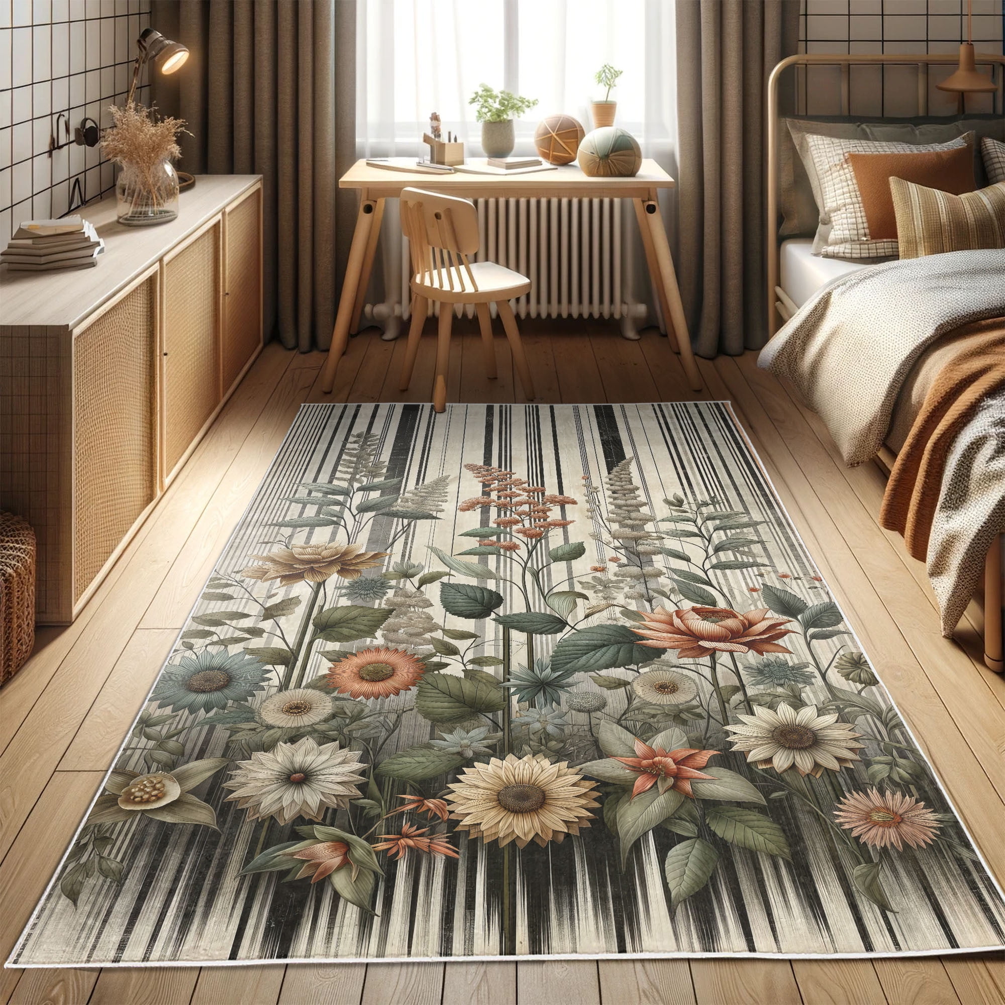 Botanical Sage Green and Salmon Synthetic Area Rug, 2' 5" x 5'
