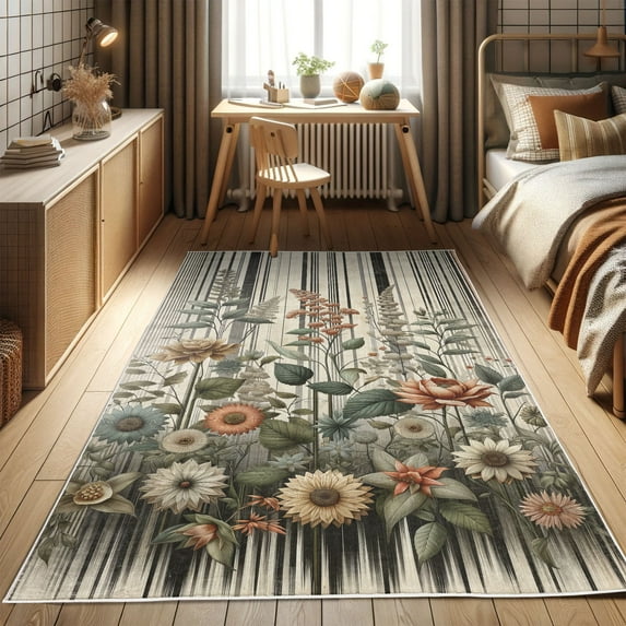 Ambesonne Botanical Decorative Rug Carpet, Nostalgic Garden on Lines, 2' x 5', Sage Green and Salmon