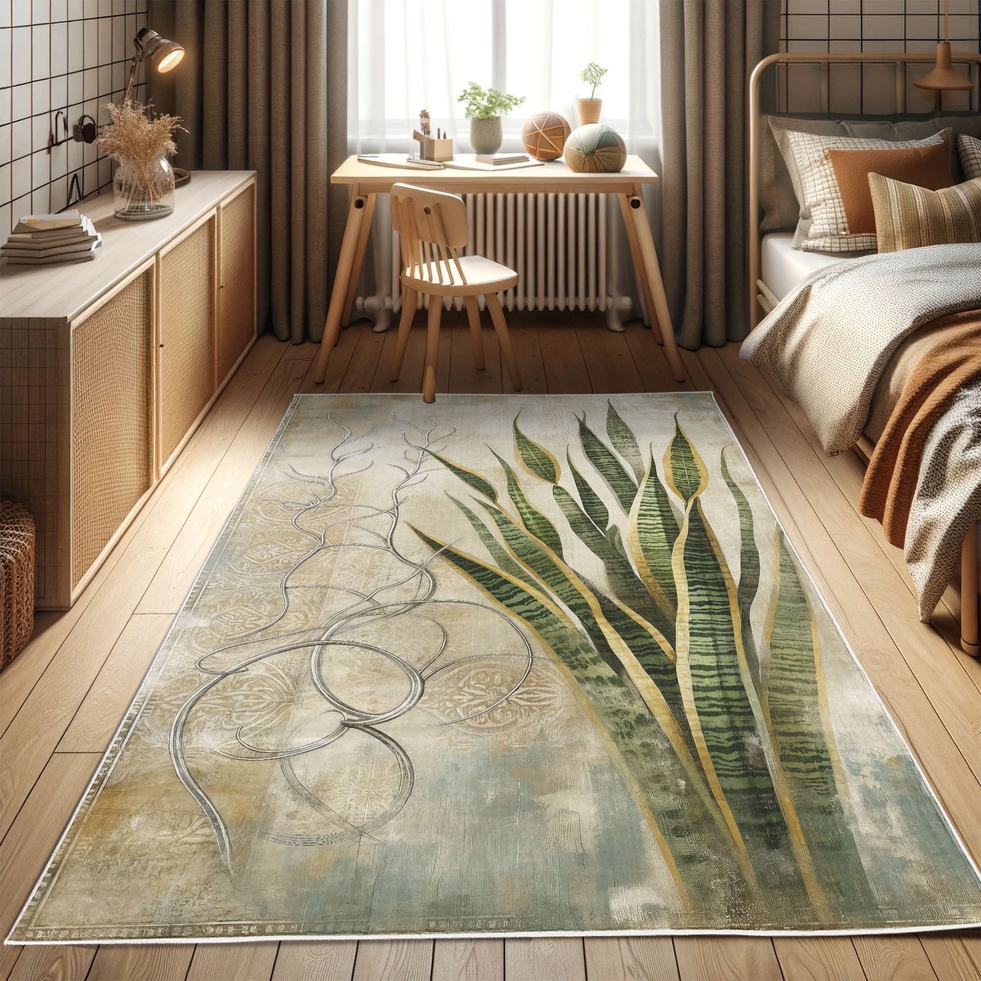 Botanical Green Beige Synthetic Easy Care Area Rug 2' 5" x 5'