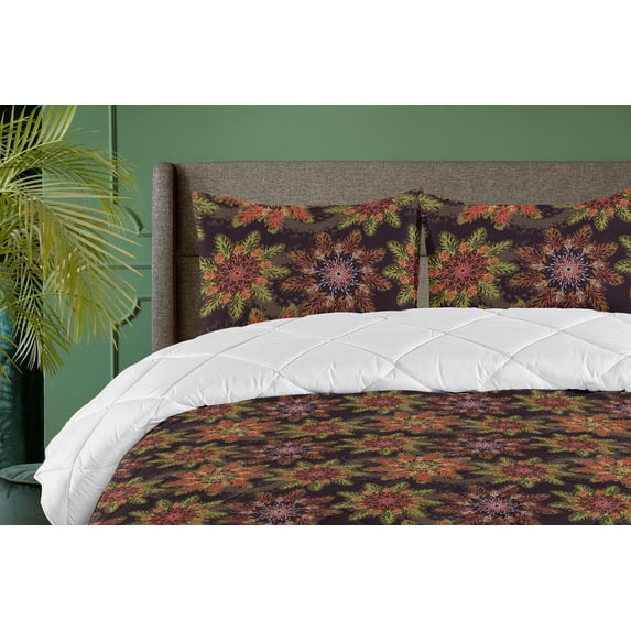 Ambesonne Botanical Down Alternative Quilt Comforter, Abstract Star Winter Art, King, Seal Brown Salmon and Green
