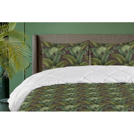 Ambesonne Botanical Down Alternative Quilt Comforter, Art Leaves of the Jungle, Queen, Reseda Green and Brown