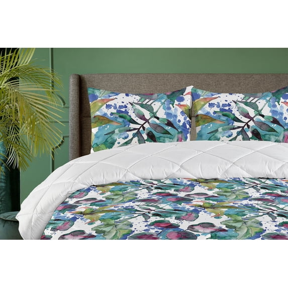 Ambesonne Botanical Down Alternative Quilt Comforter, Nature Love Leafy Print, Twin, Green Teal and Blue