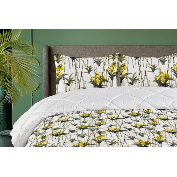 Ambesonne Botanical Down Alternative Quilt Comforter, Summer Print Meadow Bloom, Full, Dark Olive Green Mustard