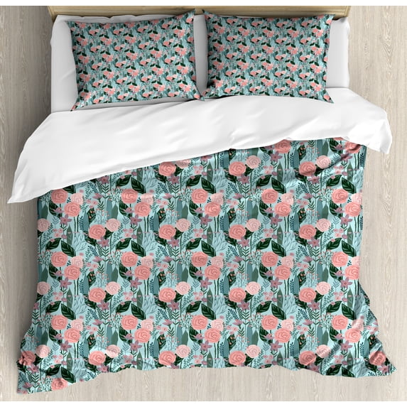 Ambesonne Botanical Duvet Cover Set, Arrangement of Flowers, Queen, Teal Coral