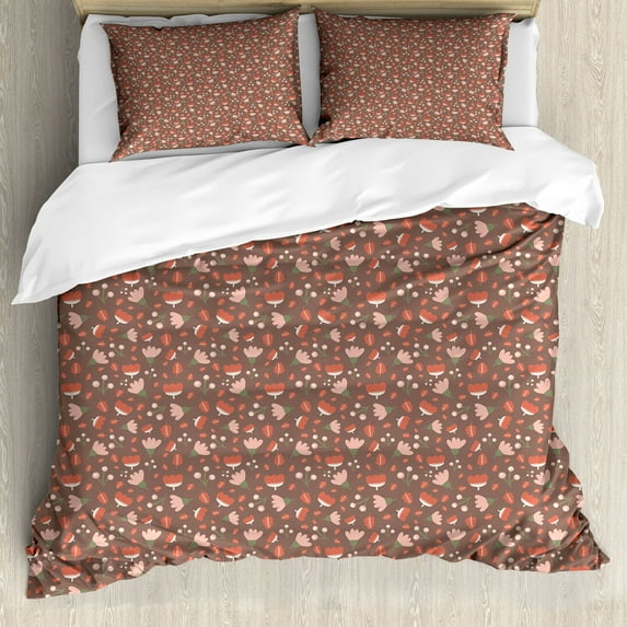 Ambesonne Botanical Duvet Cover Set, Berry Leaves Herbs Floral, 2-Calking, Pale Chocolate and Multicolor