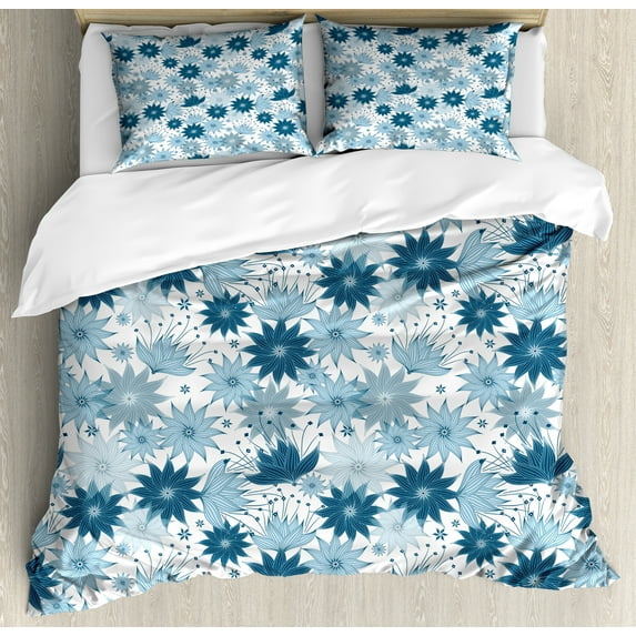 Ambesonne Botanical Duvet Cover Set, Blue Blooming Flowers, 2-Calking, Night Blue