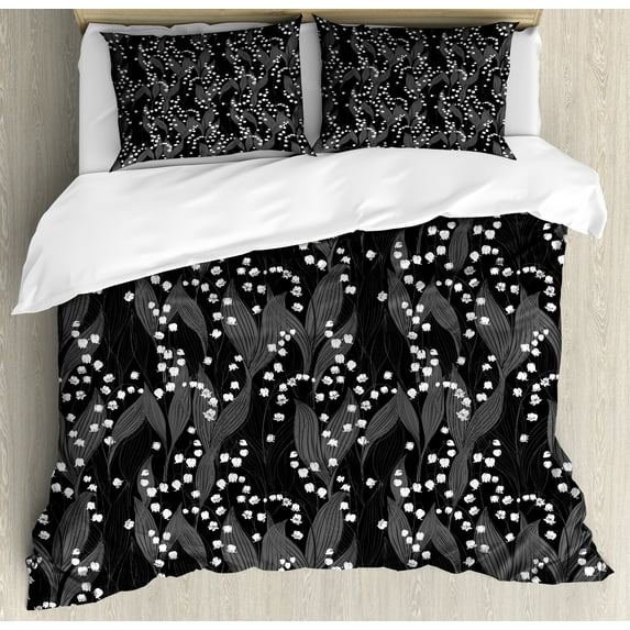 Ambesonne Botanical Duvet Cover Set, Monochrome Minimal Flower, King, Dark Grey Black White
