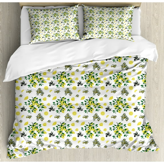Ambesonne Botanical Duvet Cover Set, Olives and Lemons Growing, King, Pastel Yellow Green