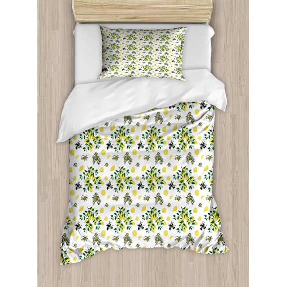 Ambesonne Botanical Duvet Cover Set, Olives and Lemons Growing, Twin, Pastel Yellow Green