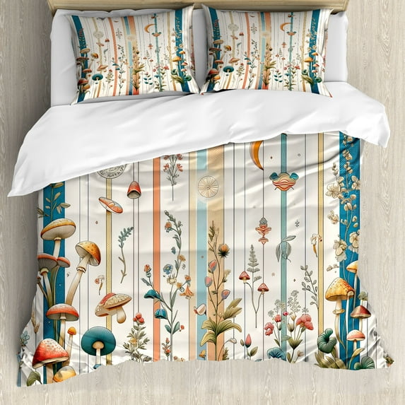 Ambesonne Botanical Duvet Cover Set, Woodland Bohemian Stripes, Calking, Petrol Blue Salmon White