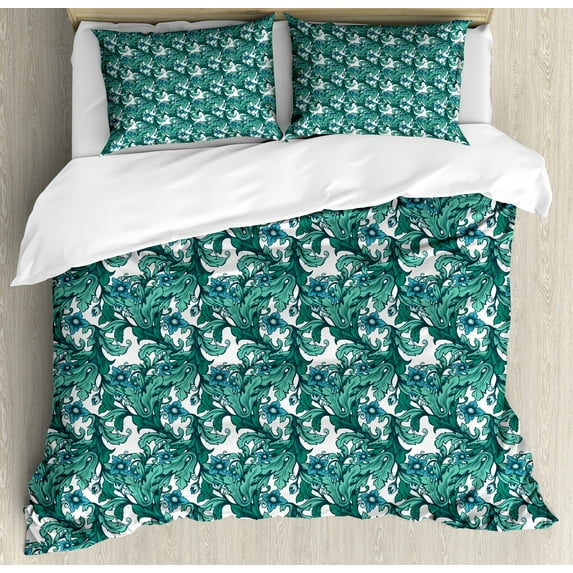 Ambesonne Botanical Duvet Cover Sets, Art Deco Style Curvy Art, 2-Queen, Sea Blue and Jade Green