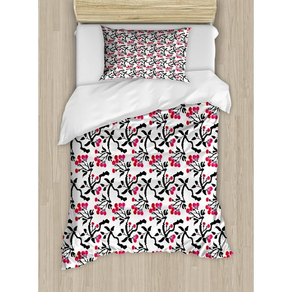 Ambesonne Botanical Duvet Cover Sets, Berries on Twigs Leaves, 2-Twin, Dark Pink and Charcoal Grey