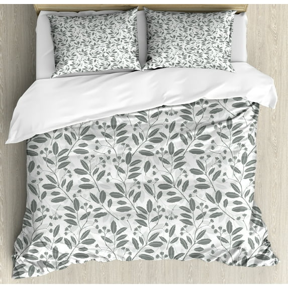 Ambesonne Botanical Duvet Cover Sets, Modern Achromatic Herbs, 2-King, White Pale Reseda Green