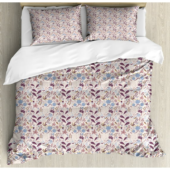 Ambesonne Botanical Duvet Cover Sets, Pastel Floral Composition, 2-King, Eggshell Multicolor