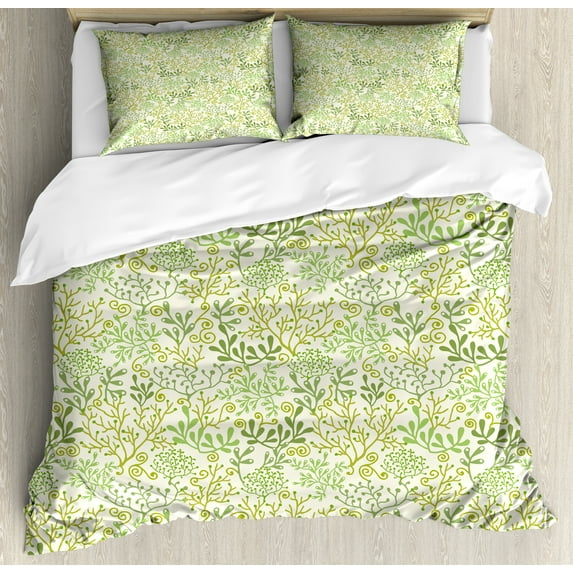 Ambesonne Botanical Duvet Cover Sets, Pastel Green Seaweeds, 2-King, Fern Green and Ivory