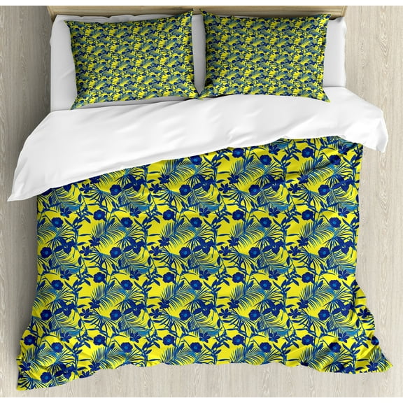 Ambesonne Botanical Duvet Cover Sets, Summer Tone Palm Hibiscus, 2-Queen, Yellow Navy Blue