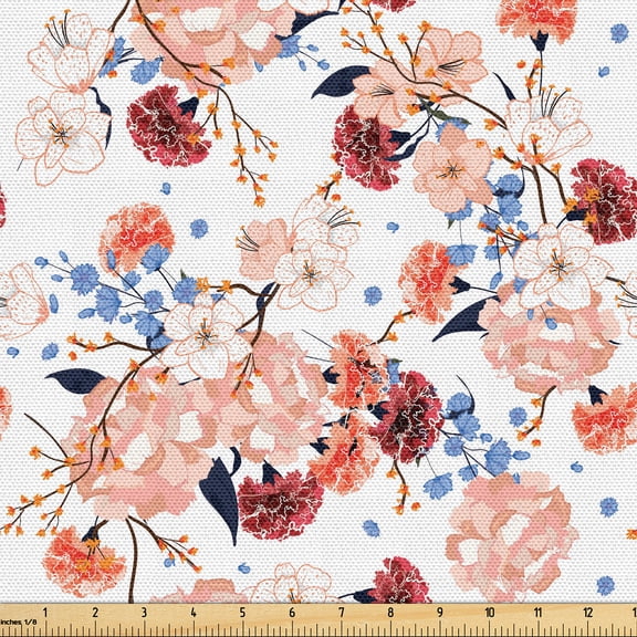 Ambesonne Botanical Fabric by the Yard Upholstery, Blooming Floral Pattern, 1 Yard, Lavender Blue and Pale Salmon