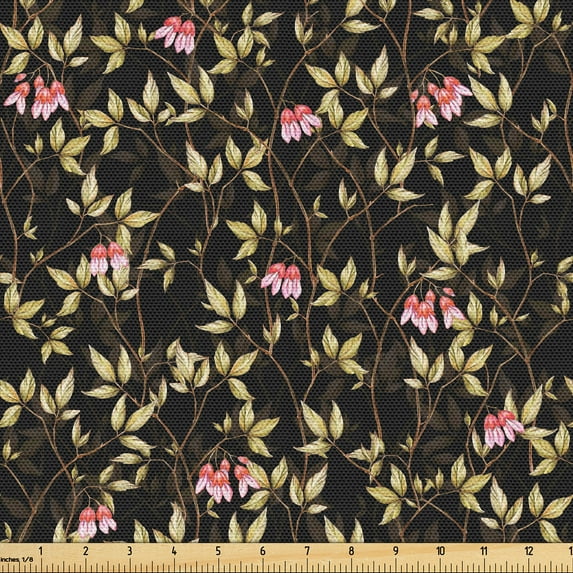 Ambesonne Botanical Fabric by the Yard, Continuous Branches Retro, 1 Yard, Pale Khaki and Dark Coral