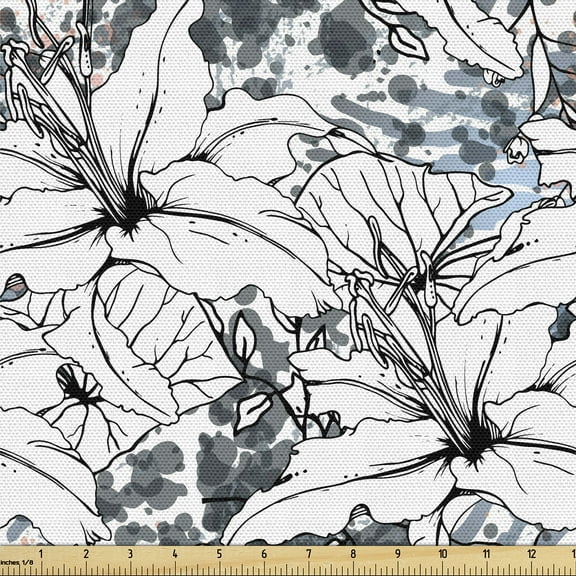 Ambesonne Botanical Fabric by the Yard Upholstery, Forest Flowers Exotic Art, 2 Yards, Dark Blue Grey and White