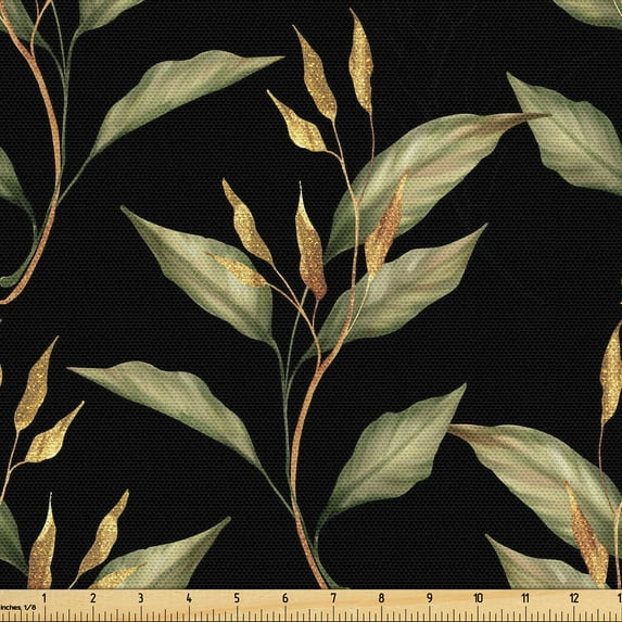 Ambesonne Botanical Fabric by the Yard Upholstery, Gold Branches Leaves Art, 1 Yard, Yellow Green and Dark Grey