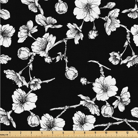 Ambesonne Botanical Fabric by the Yard Upholstery, Japanese Sakura Floral, 10 Yards, Charcoal Grey White