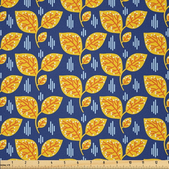 Ambesonne Botanical Fabric by the Yard Microfiber, Autumn Season Botanical, 2 Yards, Mustard Dark Blue