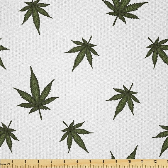 Ambesonne Botanical Fabric by the Yard Microfiber, Hemp Leaves Repetition, 3 Yards, Dark Green White