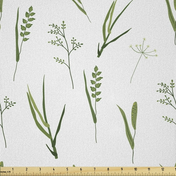 Ambesonne Botanical Fabric by the Yard Microfiber, Modern Plain Herbal Twigs, 5 Yards, White Pale Olive Green