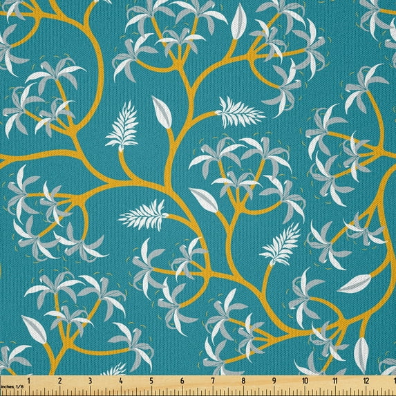 Ambesonne Botanical Fabric by the Yard Microfiber, Nature Jungle Leaf Layout, 10 Yards, Petrol Blue and Orange