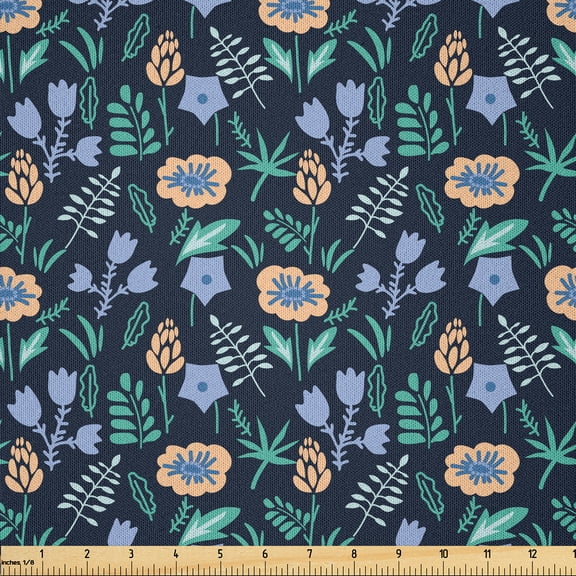 Ambesonne Botanical Fabric by the Yard Microfiber, Summer Tulip Daisy Field, 1 Yard, Peach Teal and Ceil Blue
