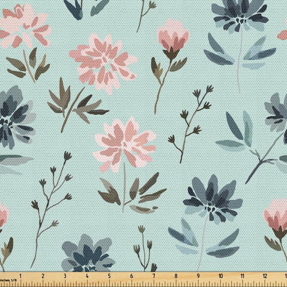Ambesonne Botanical Fabric by the Yard Upholstery, Pastel Flowers Spring Art, 1 Yard, Pale Blue and Rose