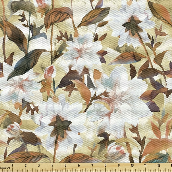 Ambesonne Botanical Fabric by the Yard Upholstery, Summer Vintage Aster Art, 10 Yards, Cinnamon and Pale Khaki