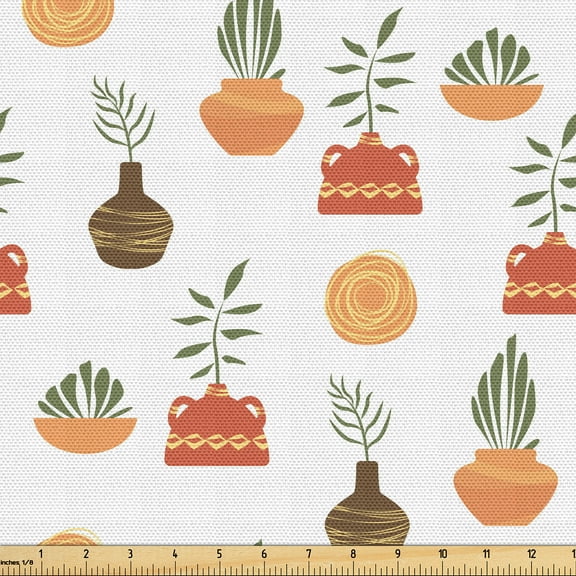 Ambesonne Botanical Fabric by the Yard Upholstery, Bohemian Leaves in Pots, 1 Yard, Persian Orange Sage Green