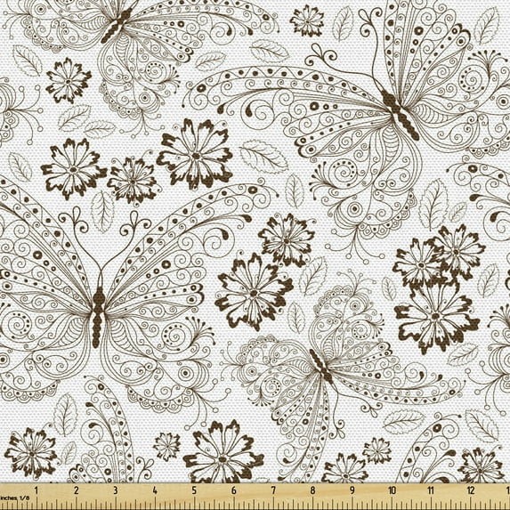 Ambesonne Botanical Fabric by the Yard Upholstery, Botanical Drawn by Hand, 1 Yard, Dark Rosewood and White