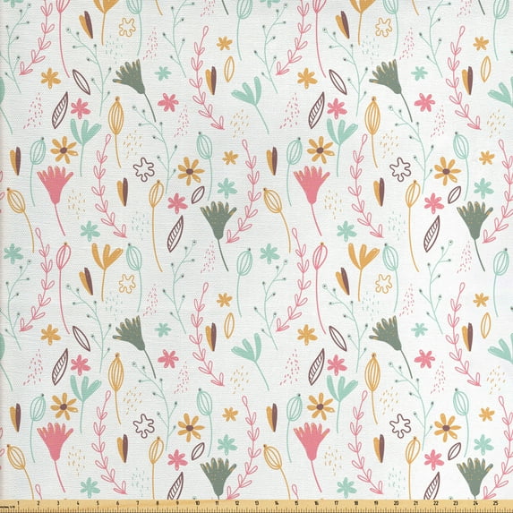 Ambesonne Botanical Fabric by the Yard Upholstery, Doodles of Plants Herbs, 10 Yards, White Multicolor
