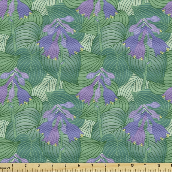 Ambesonne Botanical Fabric by the Yard Upholstery, Flowering Hosta Plants, 3 Yards, Jade Green and Blue Violet