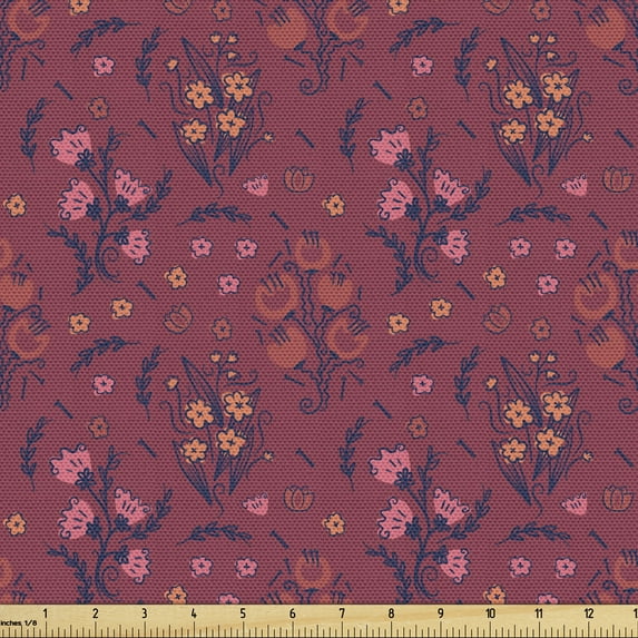Ambesonne Botanical Fabric by the Yard Upholstery, Flowers Branches Spring, 3 Yards, Raspberry Eggplant