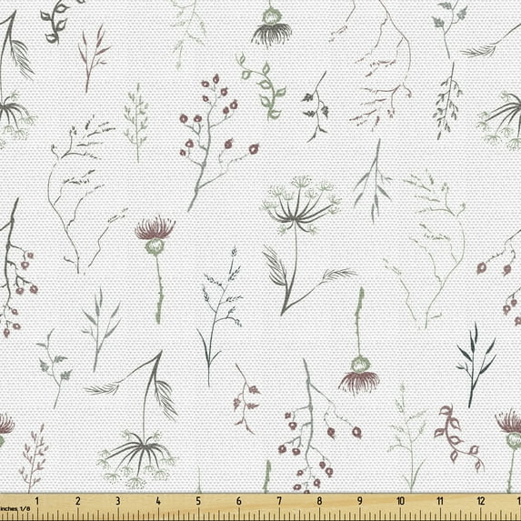 Ambesonne Botanical Fabric by the Yard Upholstery, Forest Herbs Calendula, 1 Yard, Mauve Taupe Reseda Green