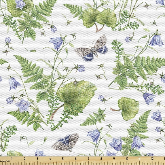 Ambesonne Botanical Fabric by the Yard Upholstery, Forest Pattern Leaves Art, 2 Yards, Fern Green Lavender White