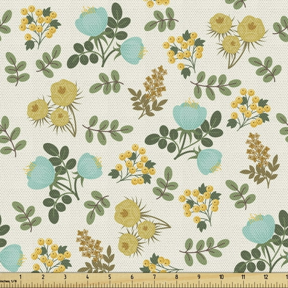 Ambesonne Botanical Fabric by the Yard Upholstery, Herbs Flourishing Flowers, 1 Yard, Ivory Seafoam