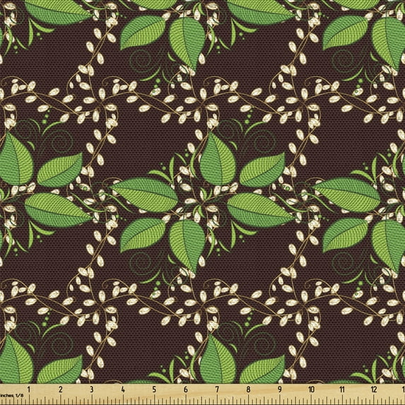 Ambesonne Botanical Fabric by the Yard Upholstery, Leaves and Floral Motifs, 3 Yards, Seal Brown Green White
