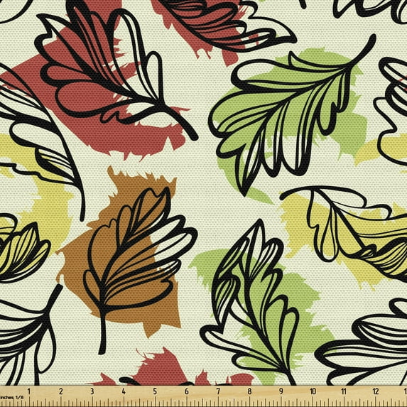 Ambesonne Botanical Fabric by the Yard Upholstery, Leaves on Blots Drawing, 5 Yards, Pastel Green and Burnt Orange
