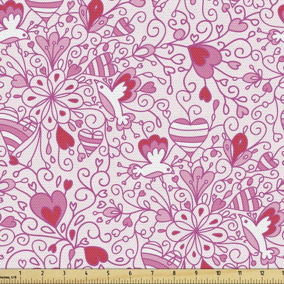 Ambesonne Botanical Fabric by the Yard Upholstery, Love Flowers Doodle Art, 1 Yard, Pink and Dark Coral